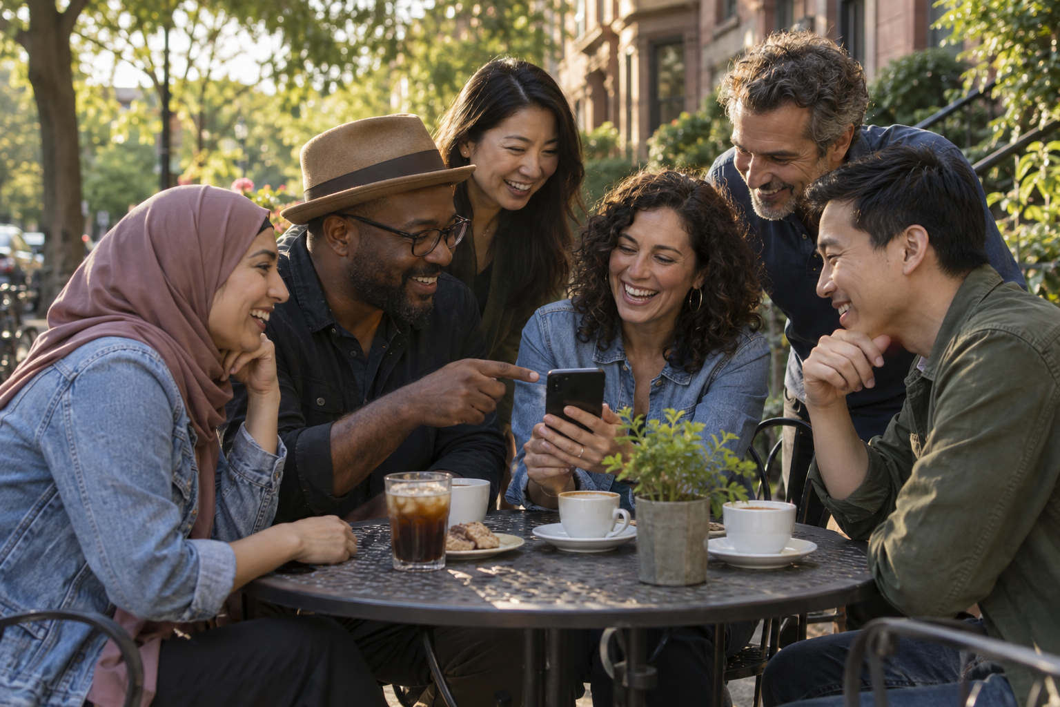 Illustration of neighbors connecting over a conversation at an outdoor cafe